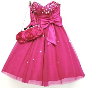 Josh & Jazz Y2k Barbie Fushia Hot Pink Sequin Strapless Cocktail Dress & 👛
